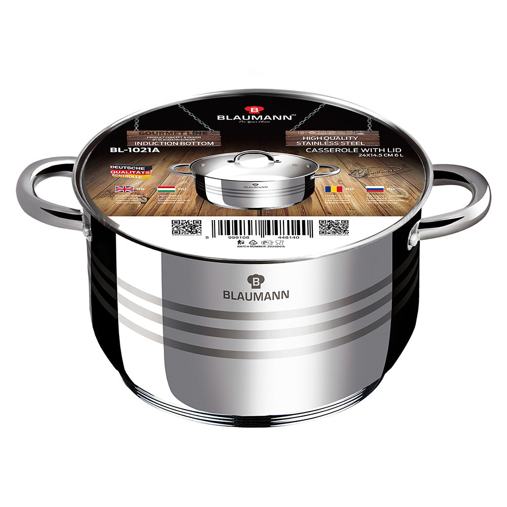 Blaumann 24cm Stainless Steel Casserole with Lid - Gourmet Line