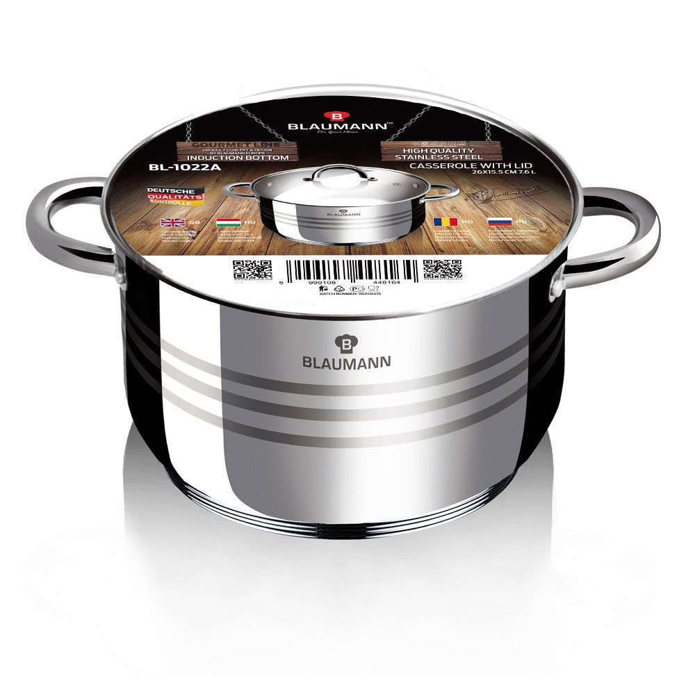 Blaumann 26cm Stainless Steel Casserole with Lid - Gourmet Line