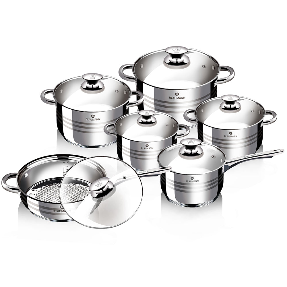 Blaumann 12-Piece Stainless Steel Jumbo Cookware Set With Glass Lid