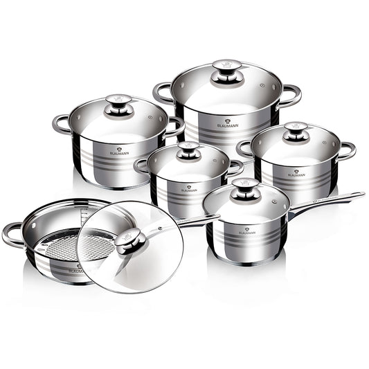 Blaumann 12-Piece Stainless Steel Jumbo Cookware Set With Glass Lid