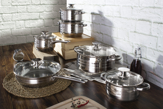 Blaumann 12-Piece Stainless Steel Jumbo Cookware Set With Glass Lid