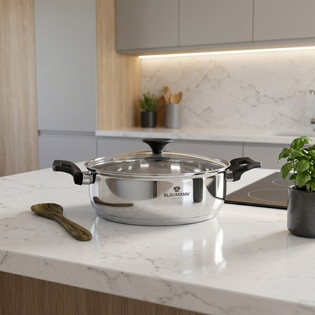 Blaumann 24cm Stainless Steel Shallow Pot with Lid - Gourmet Line