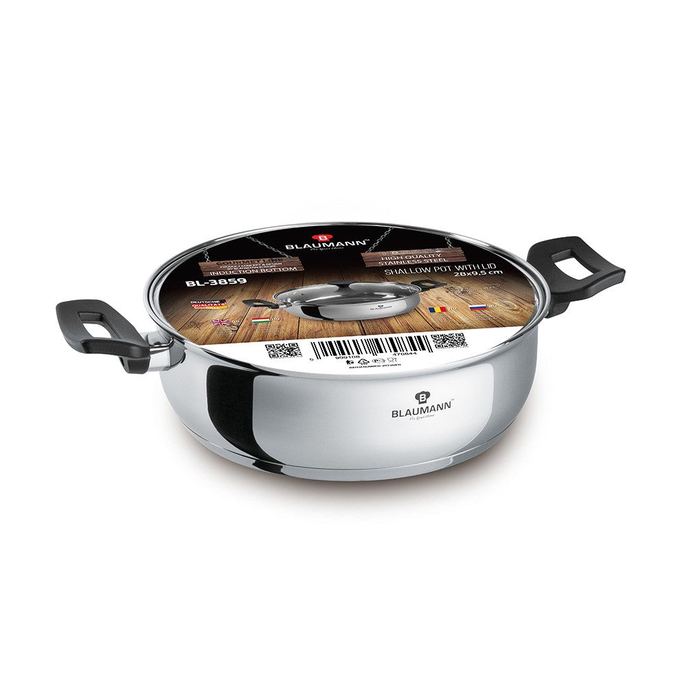 Blaumann 28cm Stainless Steel Shallow Pot with Lid - Gourmet Line