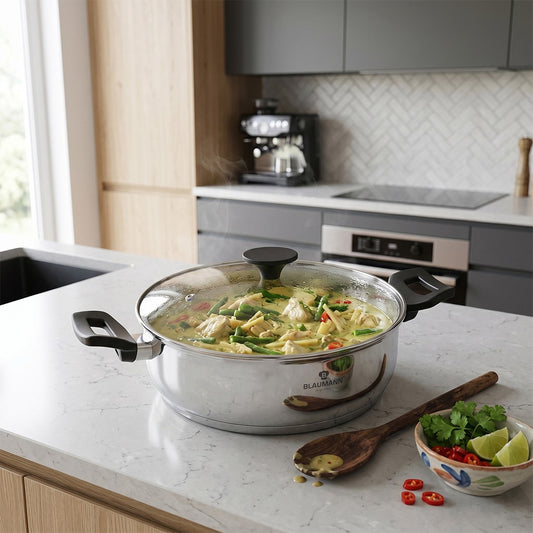 Blaumann 28cm Stainless Steel Shallow Pot with Lid - Gourmet Line