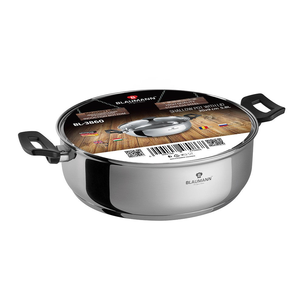Blaumann 30cm Stainless Steel Shallow Pot with Lid - Gourmet Line