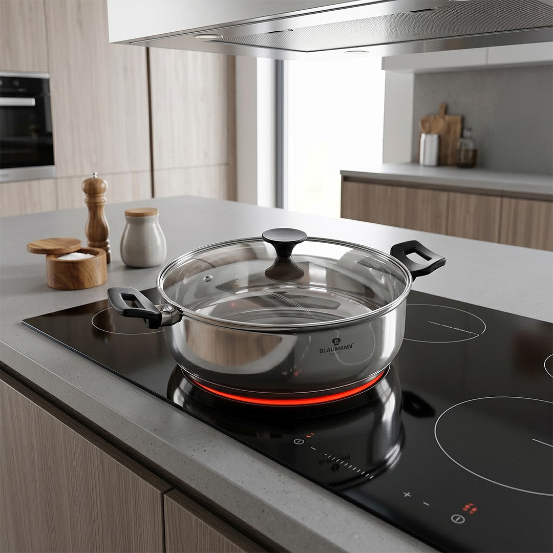 Blaumann 30cm Stainless Steel Shallow Pot with Lid - Gourmet Line