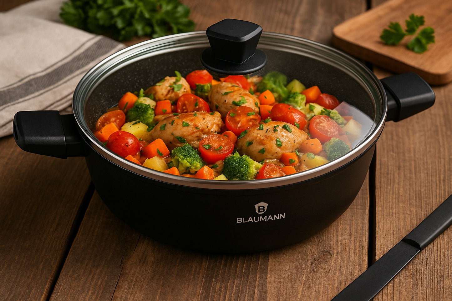 Blaumann 28cm Titan Coating Non-Stick Shallow Pot With Lid - Black