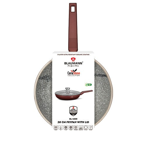 Blaumann 28cm Ceramic Non-Stick Frypan with Lid - Cera Stone