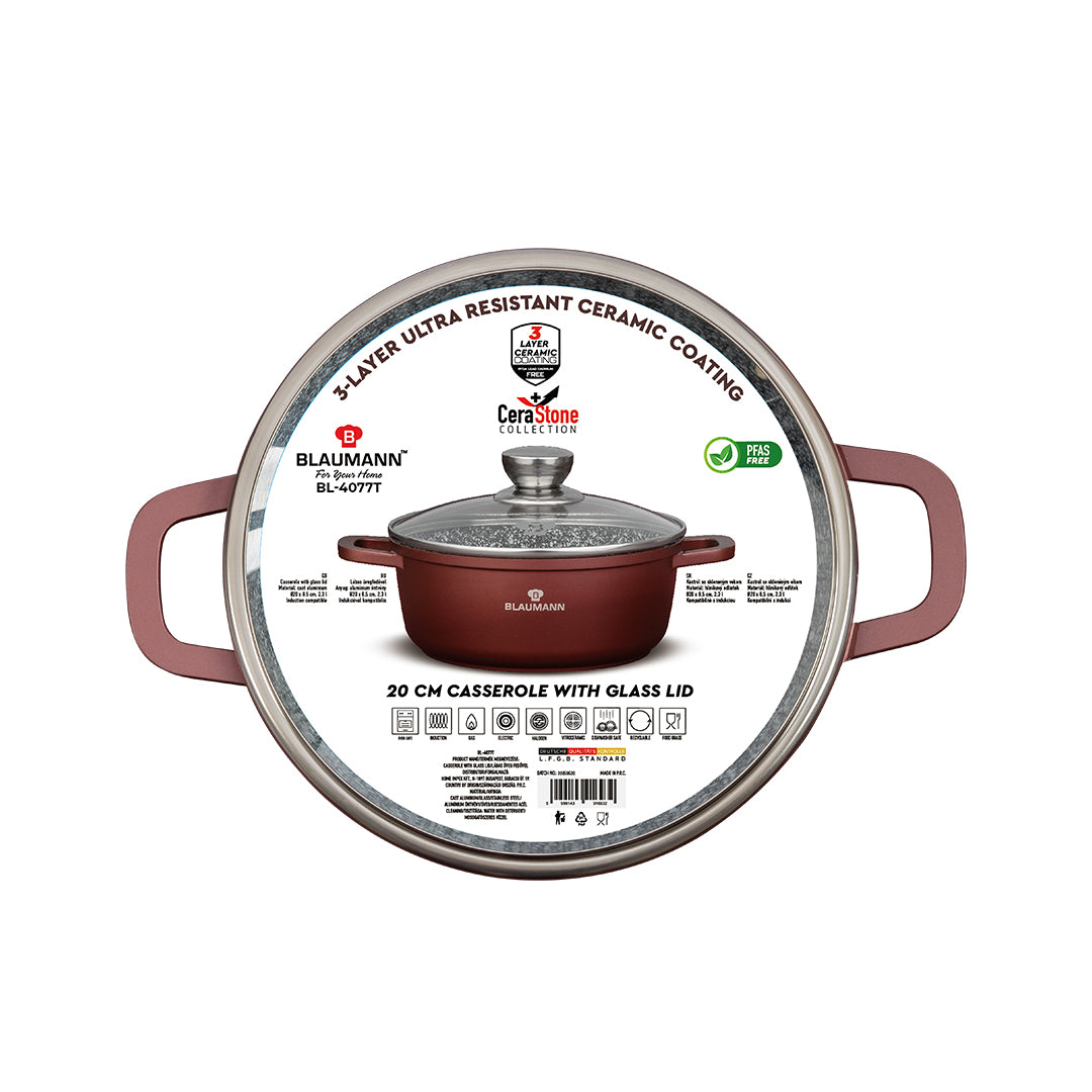 Blaumann 20cm Ceramic Non-Stick Casserole with Lid - Cera Stone