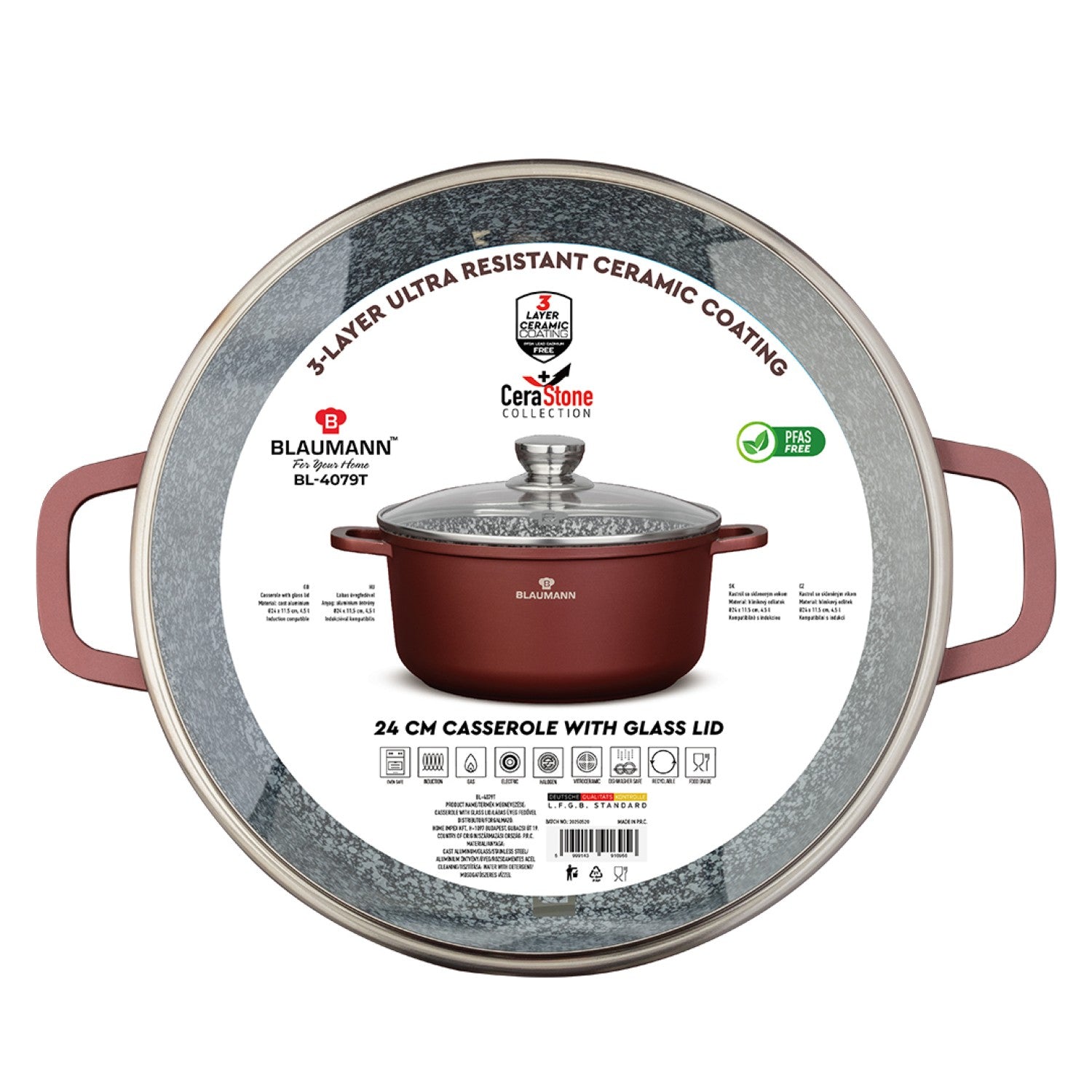 Blaumann 24cm Ceramic Non-Stick Casserole with Lid - Cera Stone