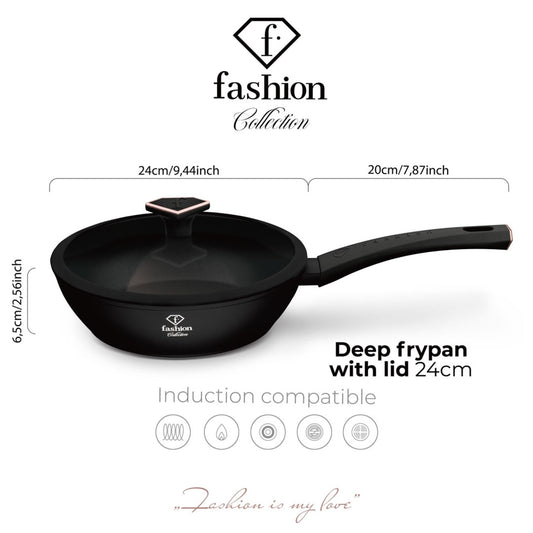 Fashion By Berlinger Haus 24cm TitanPro Non-Stick Deep Frypan with Lid - Matte Black