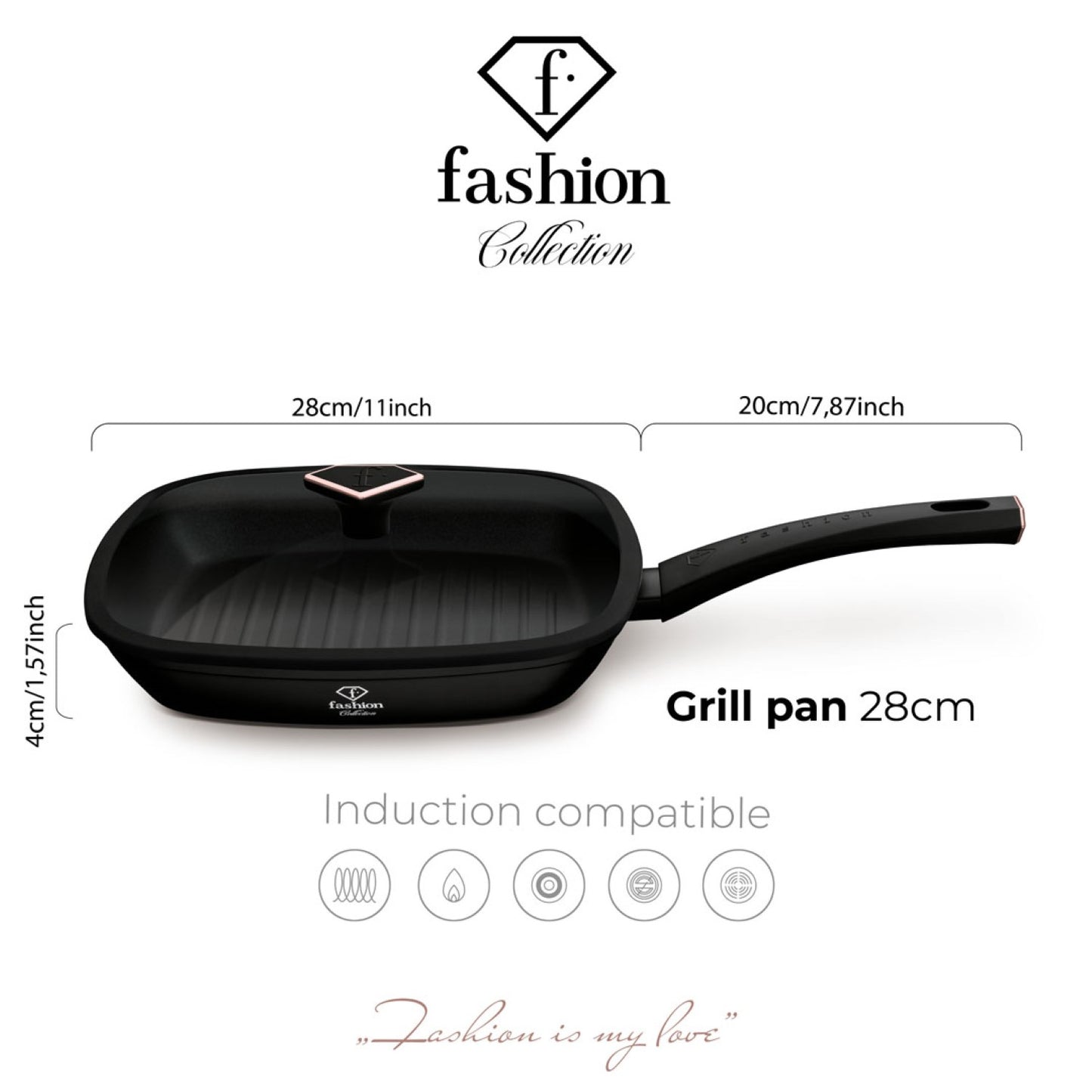 Fashion By Berlinger Haus 28cm TitanPro Non-Stick Grill Pan with Lid - Matte Black