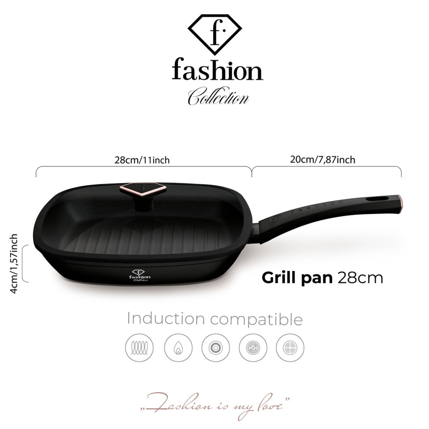 Fashion By Berlinger Haus 28cm TitanPro Non-Stick Grill Pan with Lid - Matte Black