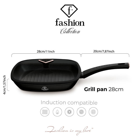 Fashion By Berlinger Haus 28cm TitanPro Non-Stick Grill Pan with Lid - Matte Black
