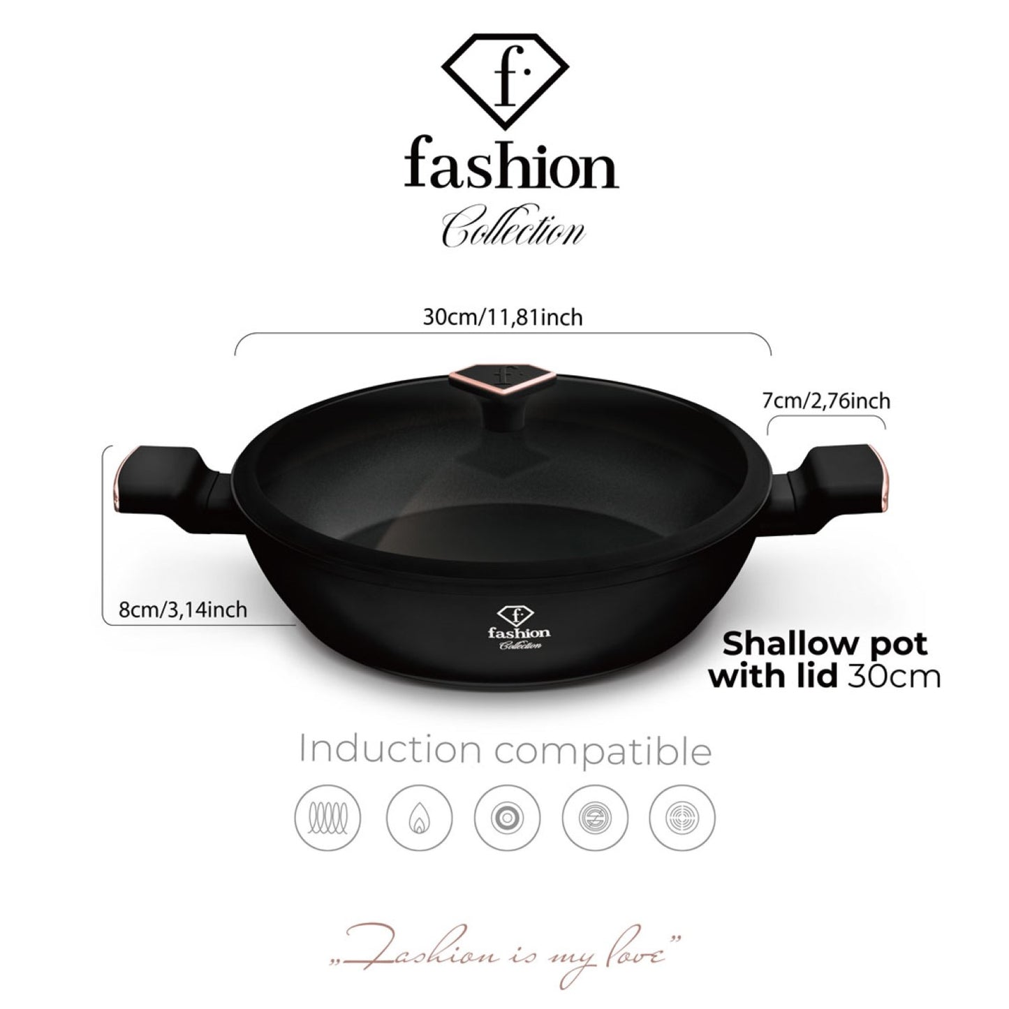 Fashion By Berlinger Haus 30cm TitanPro Non-Stick Shallow Pot with Lid - Matte Black
