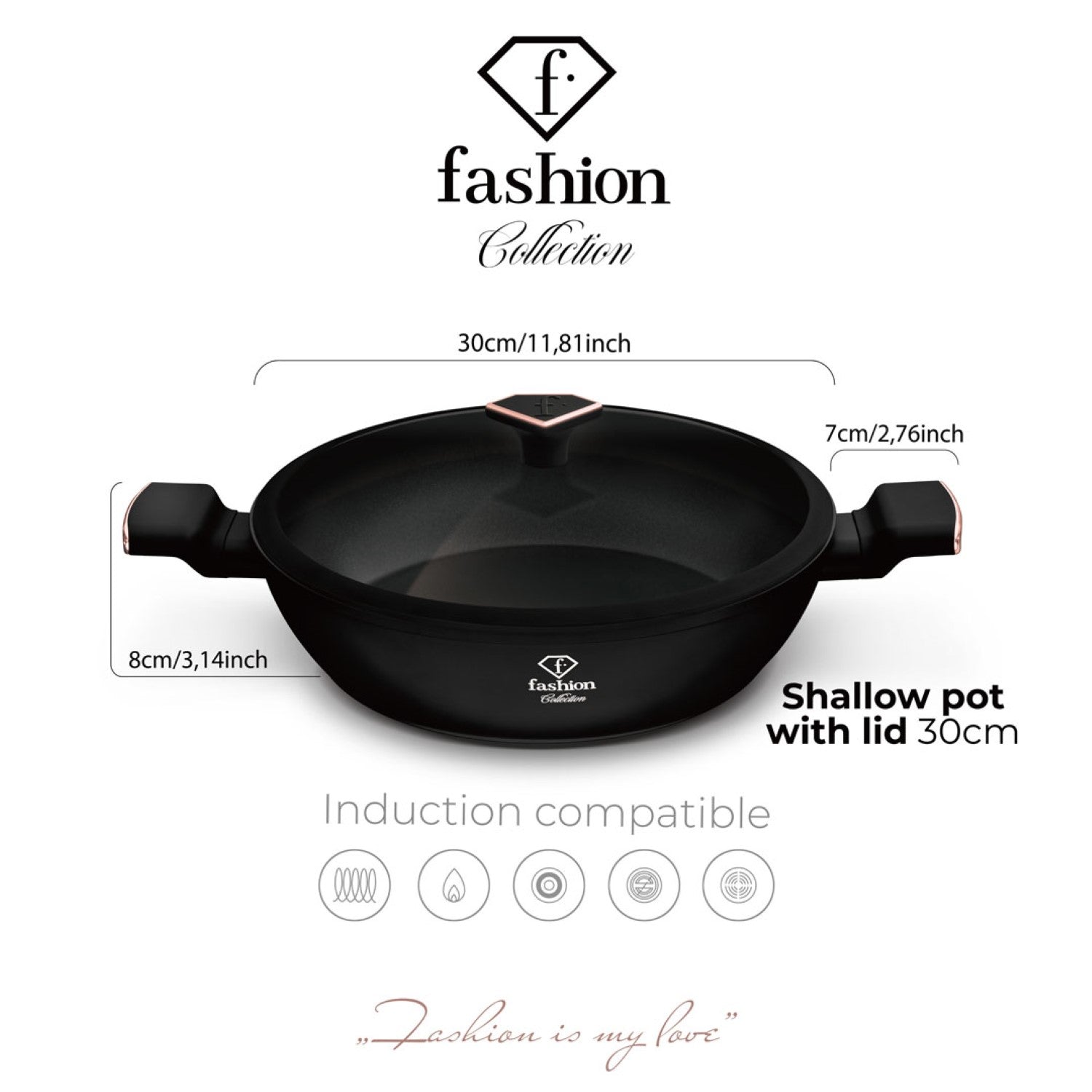 Fashion By Berlinger Haus 30cm TitanPro Non-Stick Shallow Pot with Lid - Matte Black