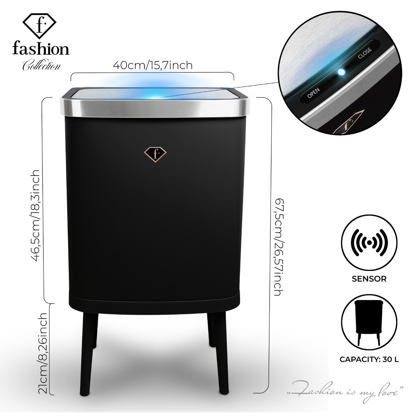 Fashion By Berlinger Haus 30L Sensor Bin - Black Rose