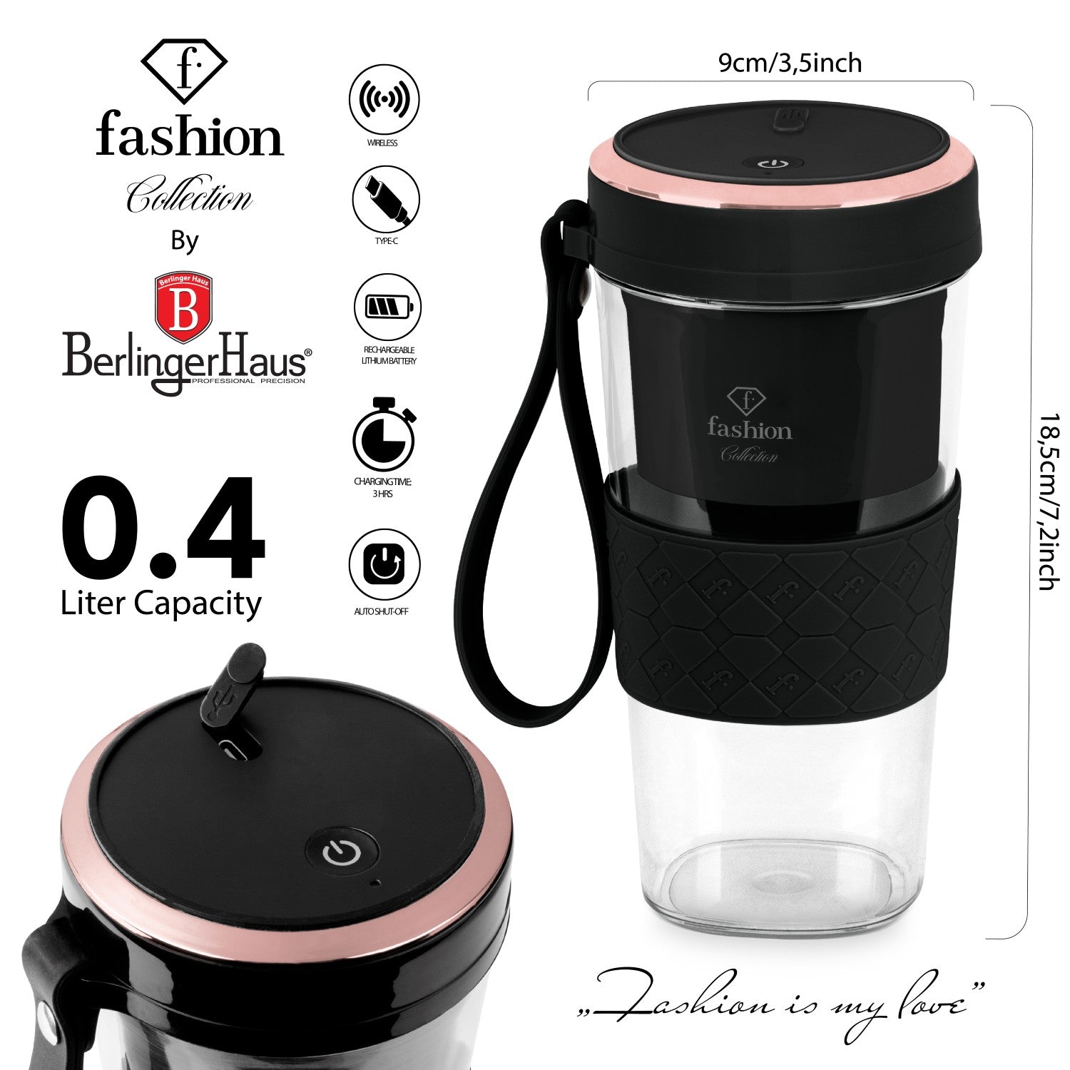 Fashion By Berlinger Haus Mini Blender with USB Rechargeable Bottle - Black Rose