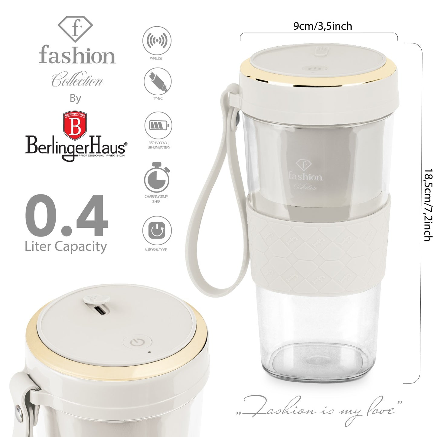 Fashion By Berlinger Haus Mini Blender with USB Rechargeable Bottle - Cream