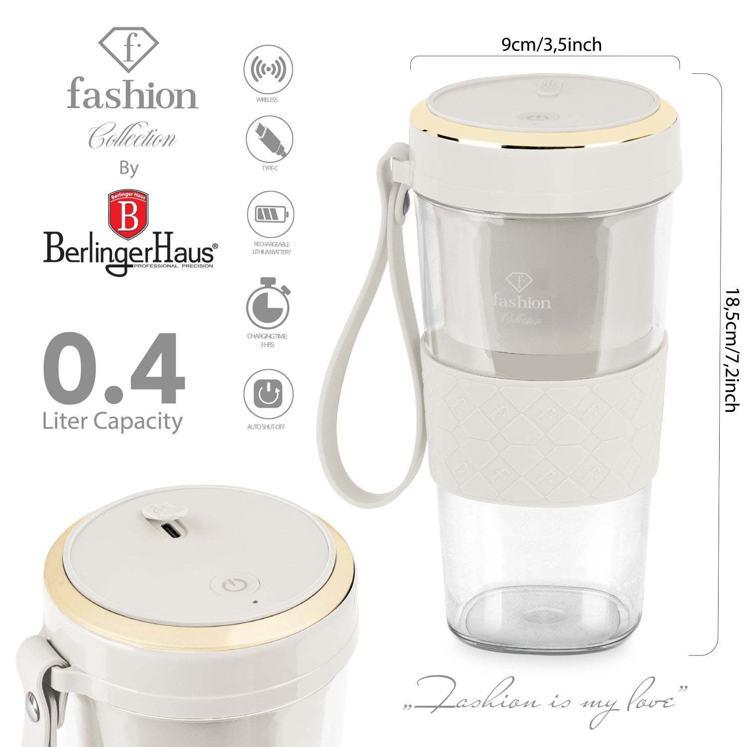Fashion By Berlinger Haus Mini Blender with USB Rechargeable Bottle - Cream