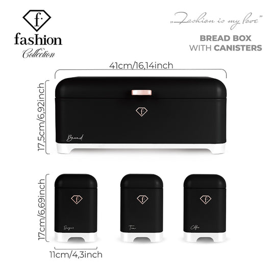 Fashion By Berlinger Haus Bread Box with 3 Piece Canister Set - Matte Black