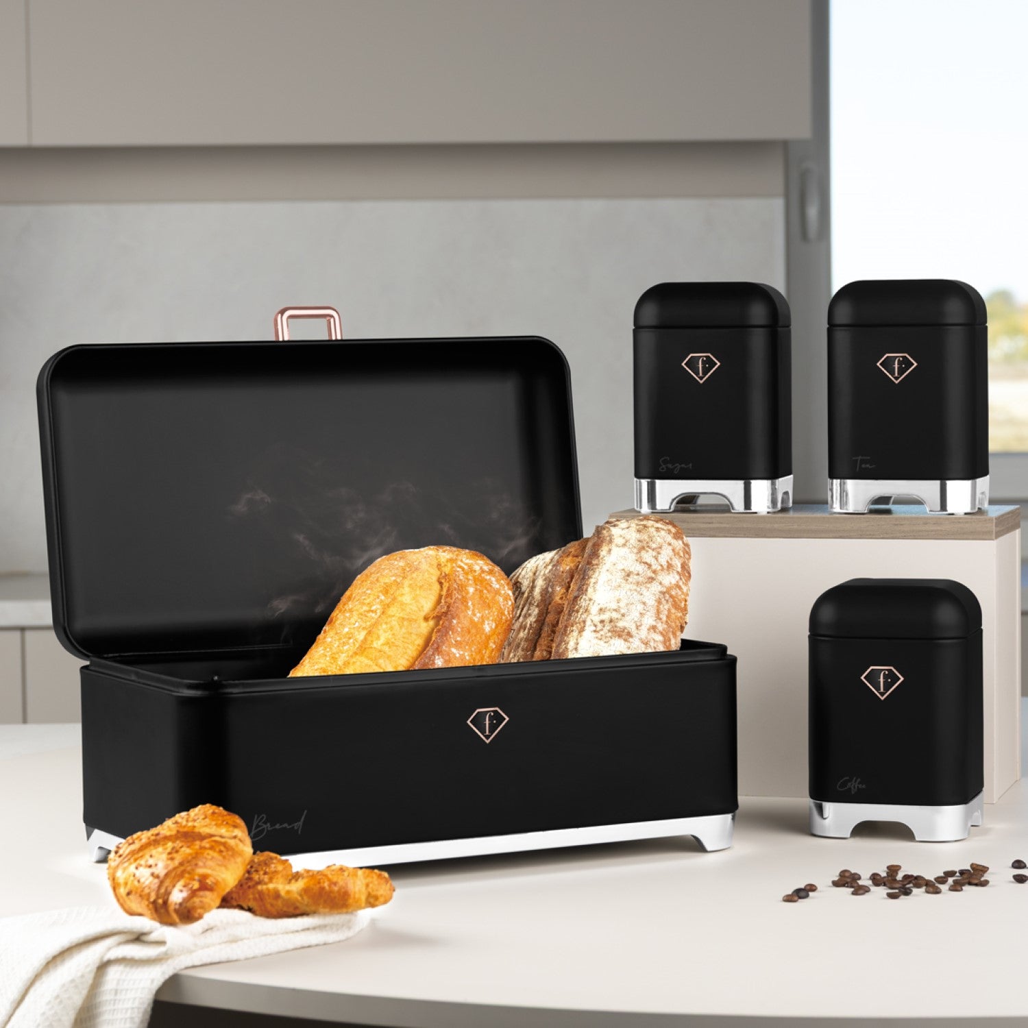 Fashion By Berlinger Haus Bread Box with 3 Piece Canister Set - Matte Black