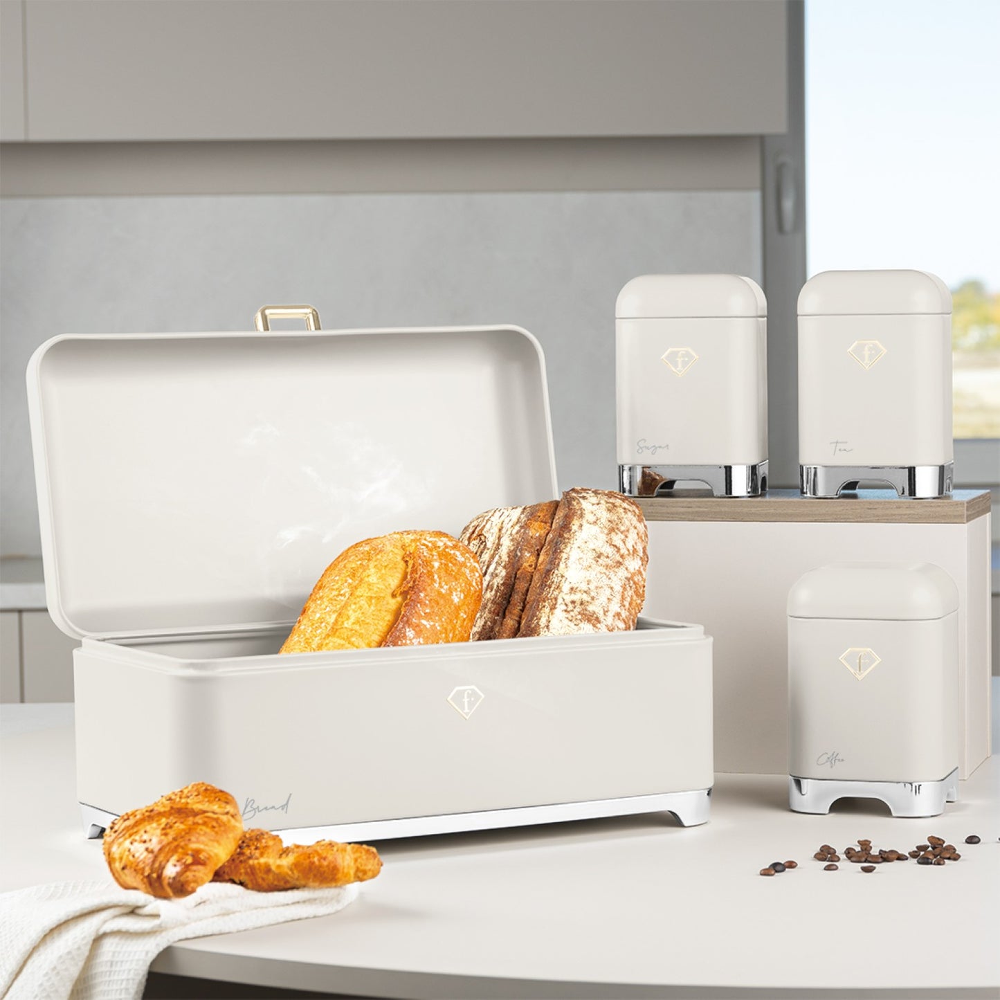 Fashion By Berlinger Haus Bread Box with 3-Piece Canister Set - Cream
