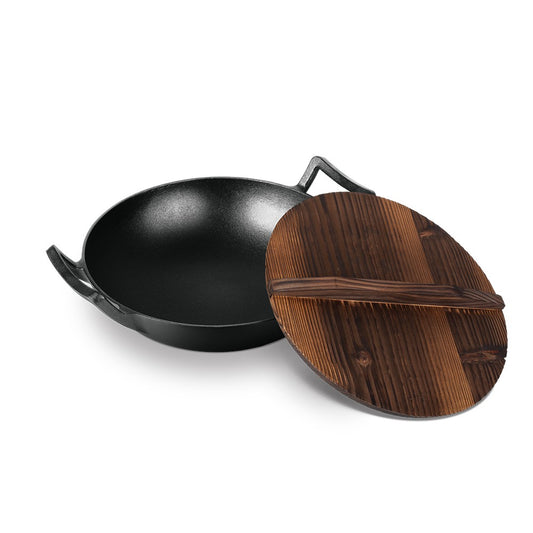 Berlinger Haus 30cm Cast Iron Wok with Wooden Lid - Black
