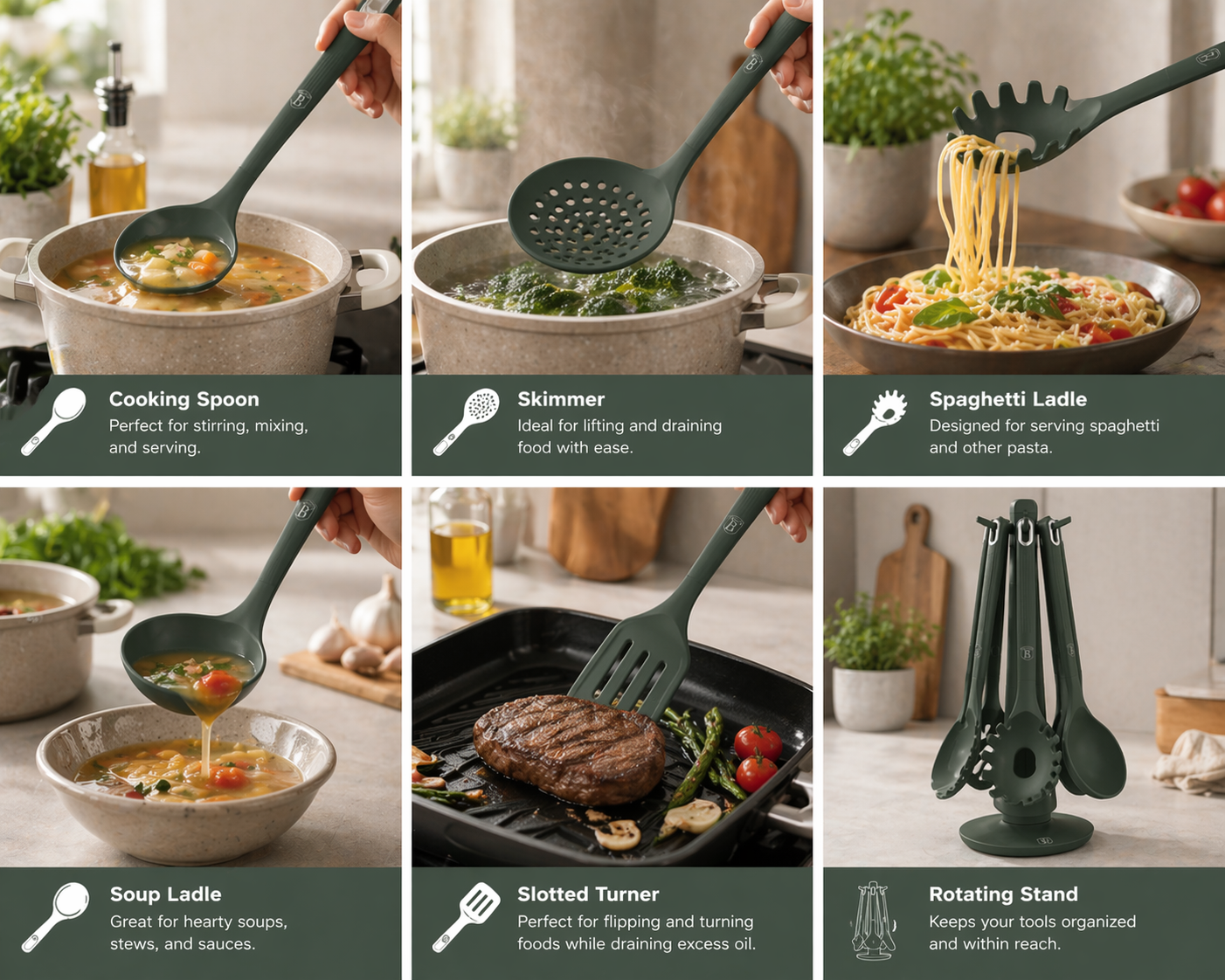 Berlinger Haus 6-Piece Kitchen Tool Set with Stand - Matte Green