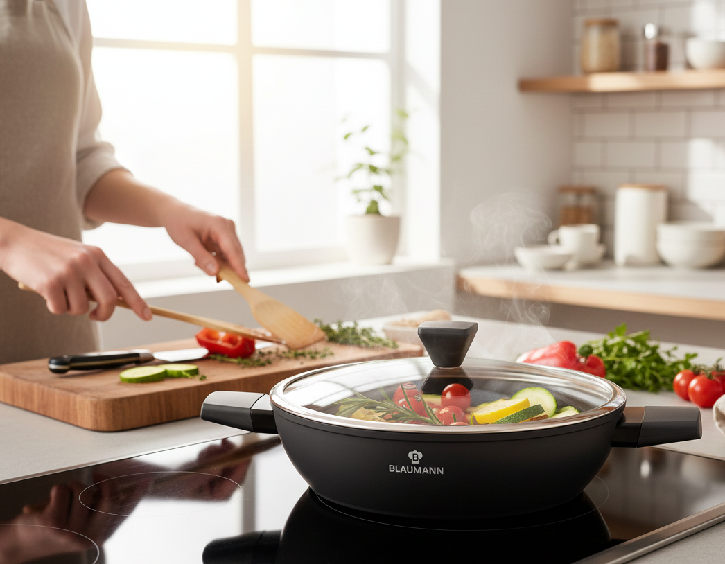 Blaumann 28cm Titan Coating Non-Stick Shallow Pot With Lid - Black