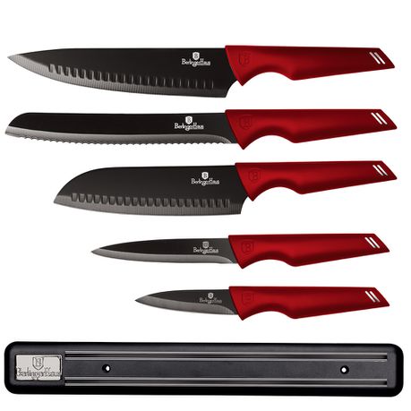 Berlinger Haus 6-Piece Non-Stick Knife Set with Magnetic Hanger - Black Burgundy